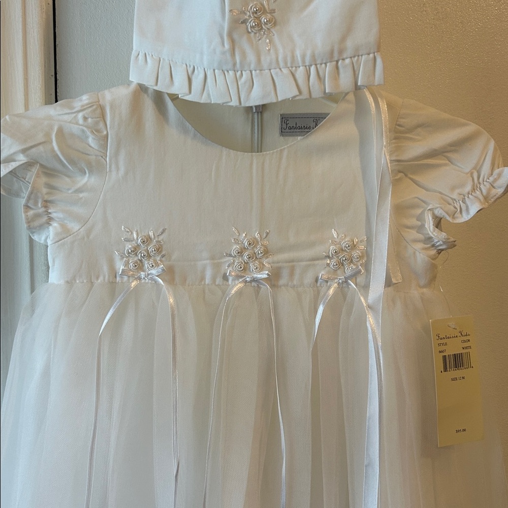 Christening White Baby Dress with Bonnet